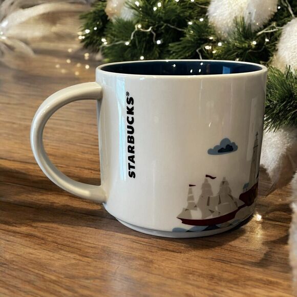 Starbucks BOSTON You Are Here 14 oz Coffee Mug Cup Navy Blue Harbor Skyline EUC - Picture 3 of 5